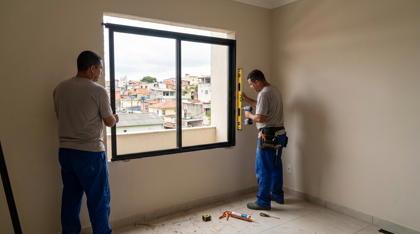 Esquadria de alumínio em quarto bege em Belém-PA