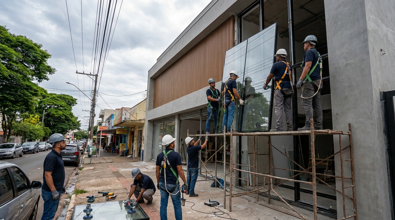 Fachada de vidro com andaime lateral em Belém-PA