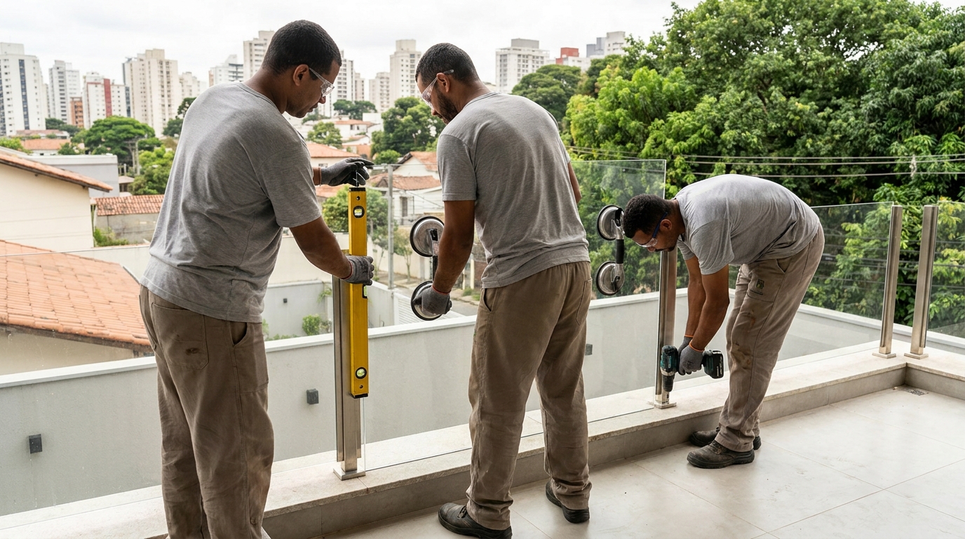 Guarda-corpo em terraço alto com vista cidade em Belém-PA