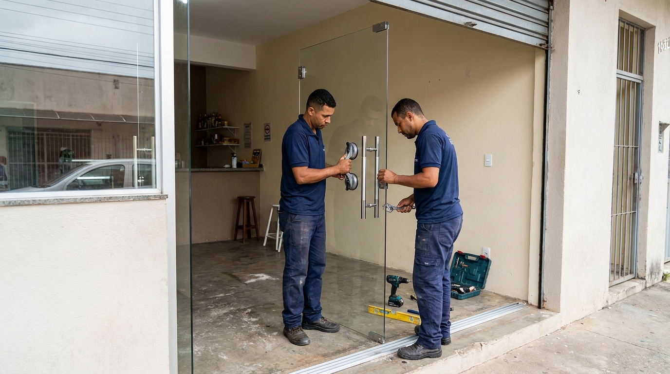 Dupla instalando porta de vidro em loja em Belém-PA