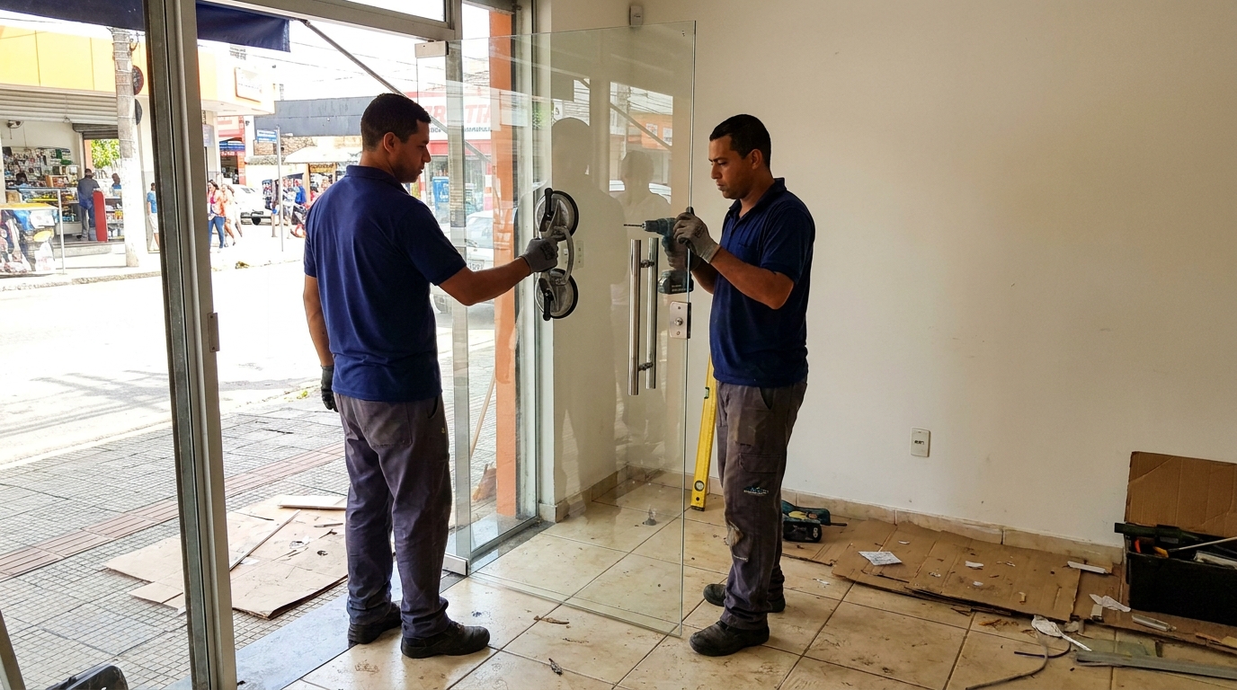 Porta de vidro de loja em rua movimentada em Belém-PA